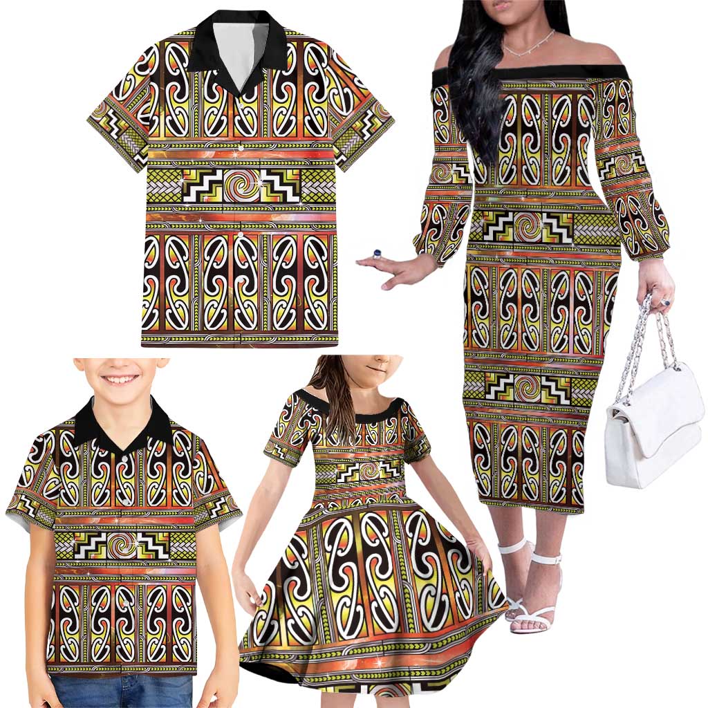 Maori Matariki Family Matching Off The Shoulder Long Sleeve Dress and Hawaiian Shirt Yellow Galaxy Aesthetic Koru Art