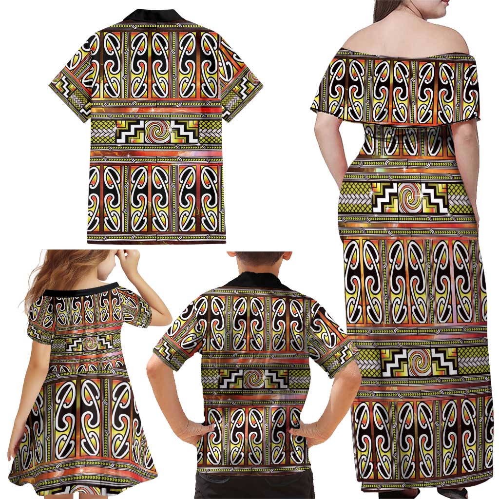 Maori Matariki Family Matching Off Shoulder Maxi Dress and Hawaiian Shirt Yellow Galaxy Aesthetic Koru Art