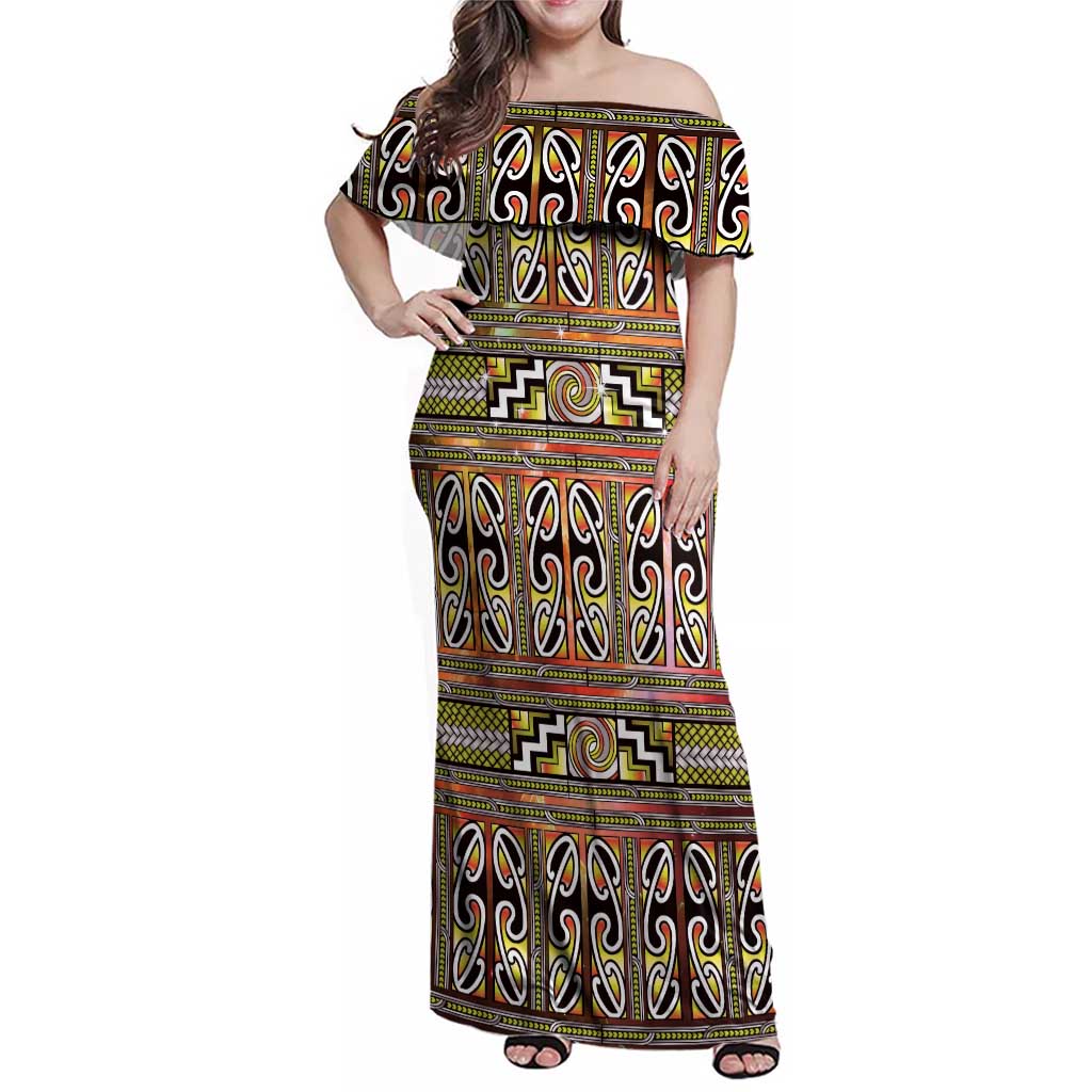 Maori Matariki Family Matching Off Shoulder Maxi Dress and Hawaiian Shirt Yellow Galaxy Aesthetic Koru Art