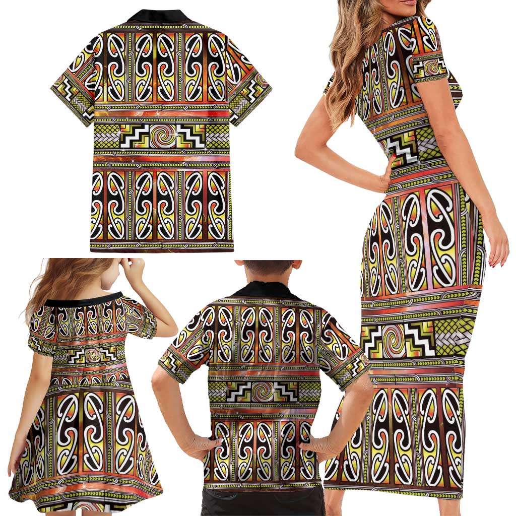 Maori Matariki Family Matching Short Sleeve Bodycon Dress and Hawaiian Shirt Yellow Galaxy Aesthetic Koru Art