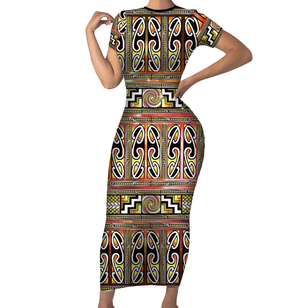 Maori Matariki Family Matching Short Sleeve Bodycon Dress and Hawaiian Shirt Yellow Galaxy Aesthetic Koru Art