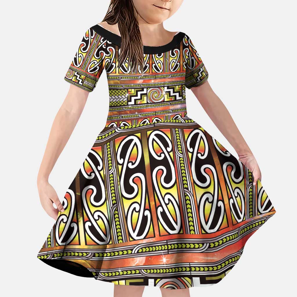Maori Matariki Family Matching Summer Maxi Dress and Hawaiian Shirt Yellow Galaxy Aesthetic Koru Art