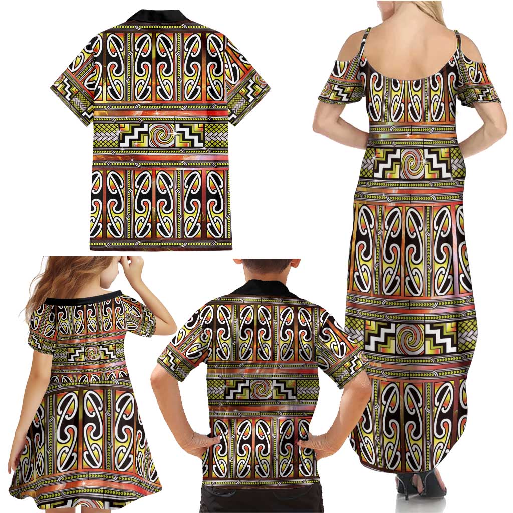 Maori Matariki Family Matching Summer Maxi Dress and Hawaiian Shirt Yellow Galaxy Aesthetic Koru Art