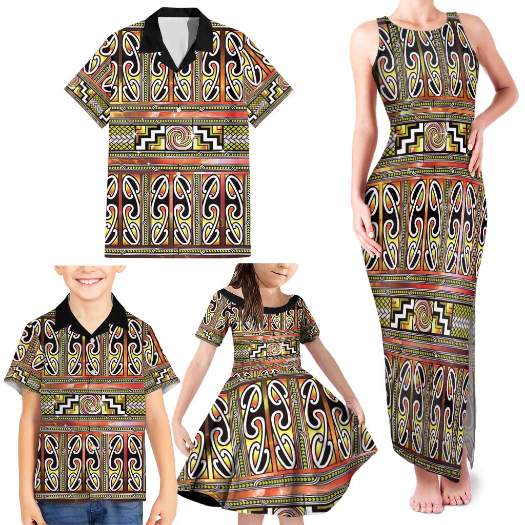 Maori Matariki Family Matching Tank Maxi Dress and Hawaiian Shirt Yellow Galaxy Aesthetic Koru Art