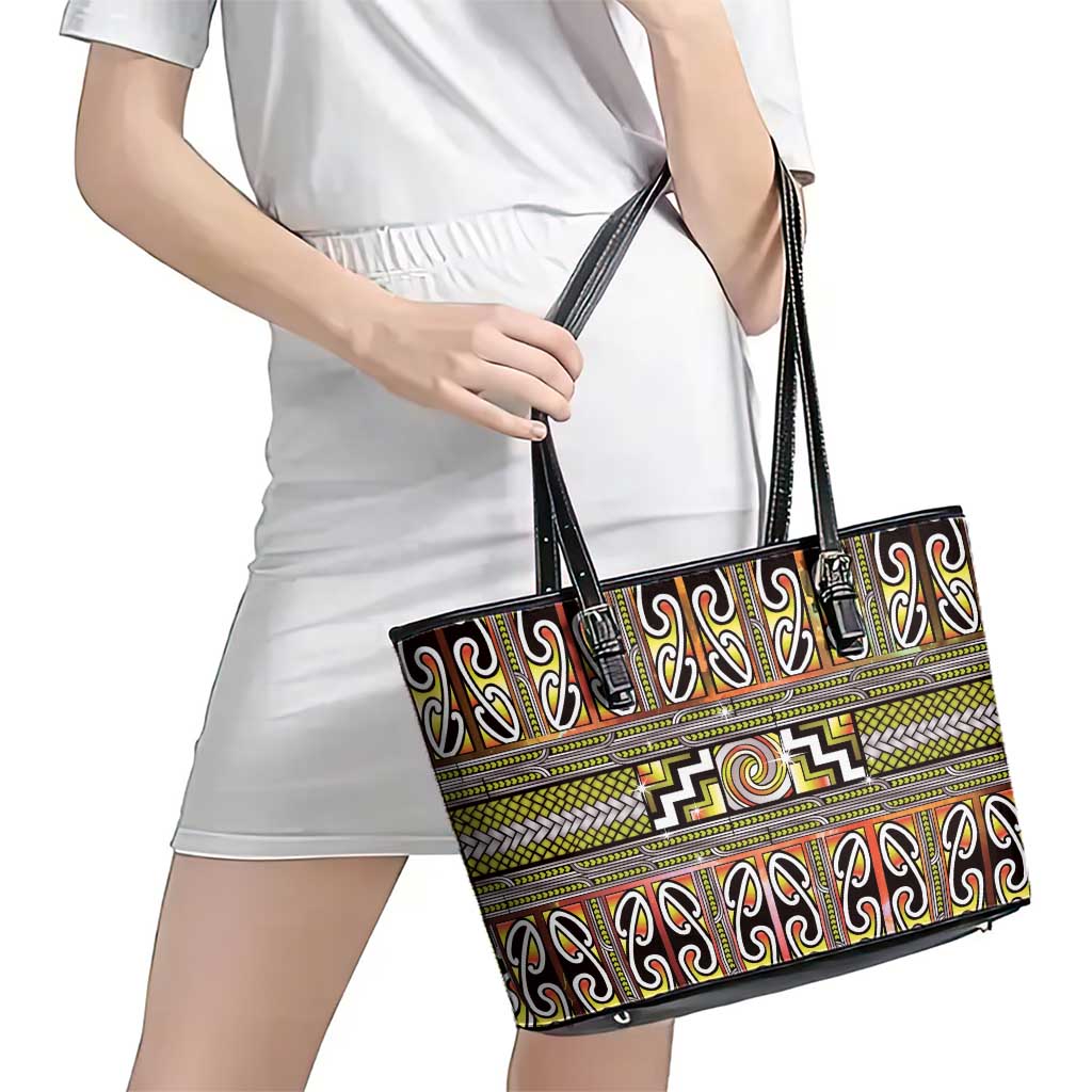 Maori Matariki Leather Tote Bag Yellow Galaxy Aesthetic Koru Art