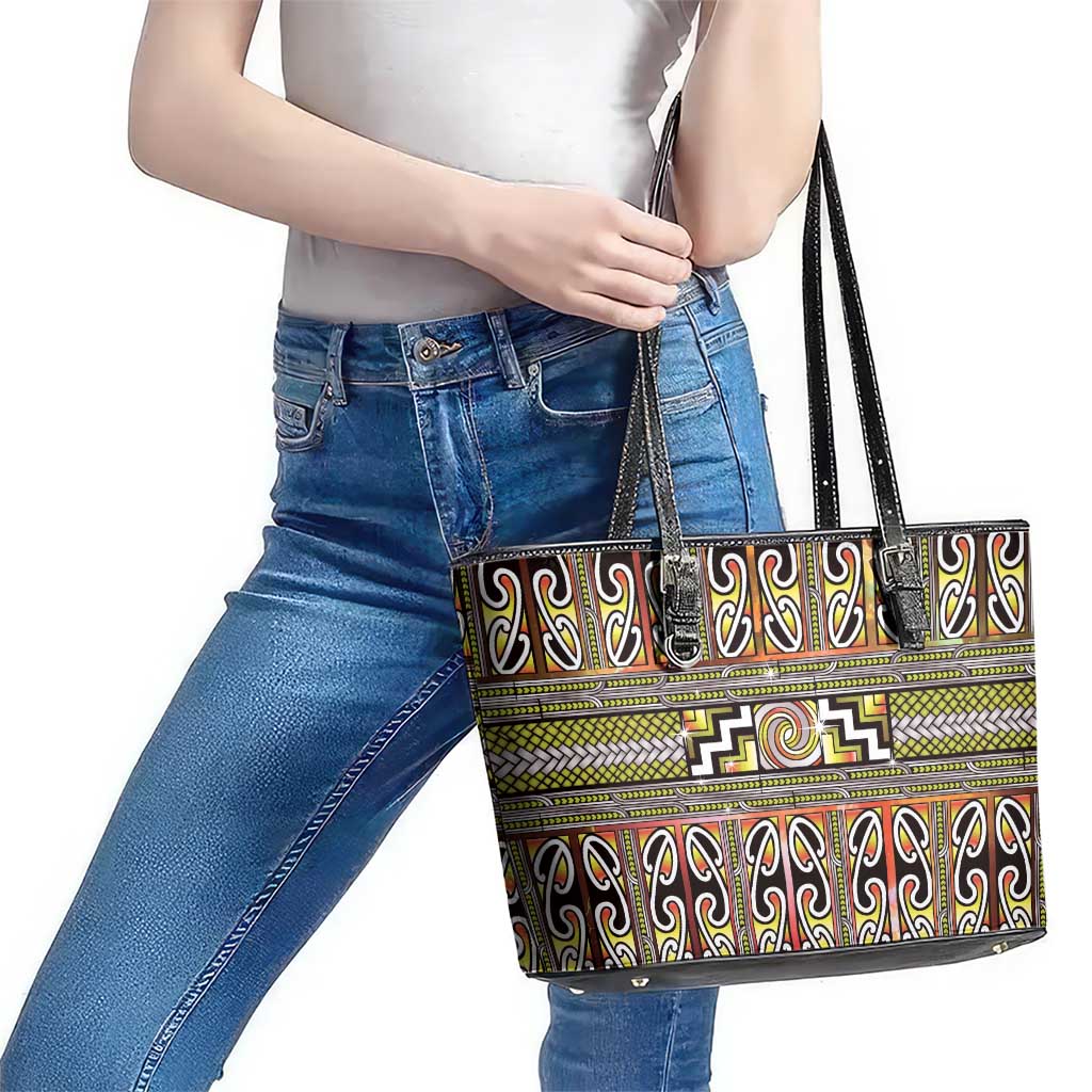 Maori Matariki Leather Tote Bag Yellow Galaxy Aesthetic Koru Art