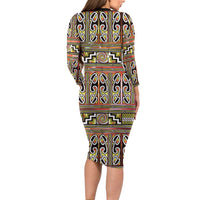 Maori Matariki Long Sleeve Bodycon Dress Yellow Galaxy Aesthetic Koru Art