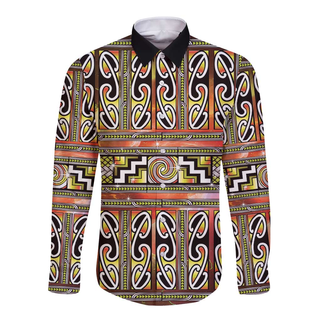 Maori Matariki Long Sleeve Button Shirt Yellow Galaxy Aesthetic Koru Art