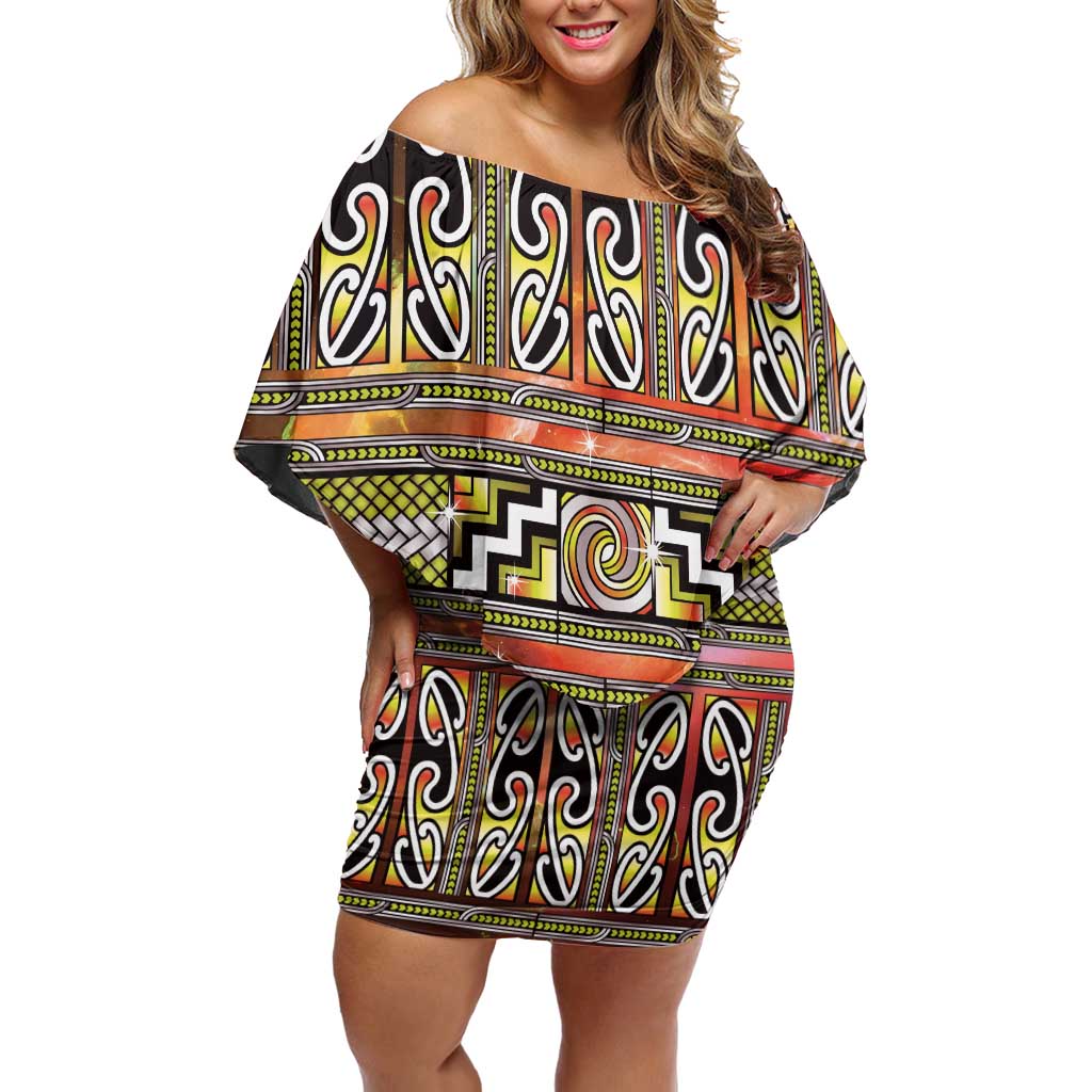 Maori Matariki Off Shoulder Short Dress Yellow Galaxy Aesthetic Koru Art LT01 Women Yellow - Polynesian Pride