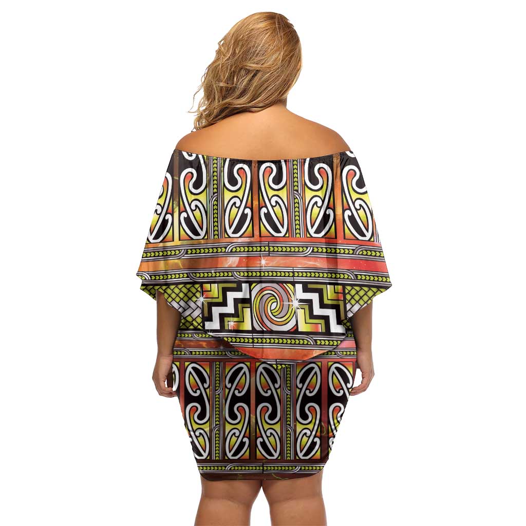 Maori Matariki Off Shoulder Short Dress Yellow Galaxy Aesthetic Koru Art LT01 - Polynesian Pride