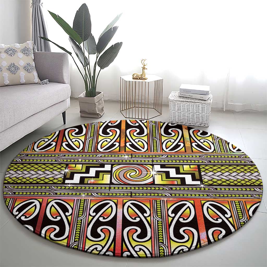 Maori Matariki Round Carpet Yellow Galaxy Aesthetic Koru Art