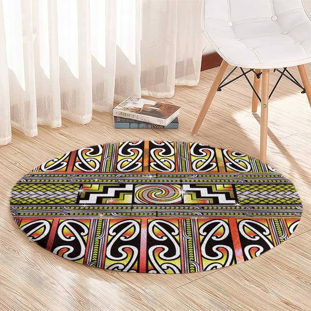Maori Matariki Round Carpet Yellow Galaxy Aesthetic Koru Art