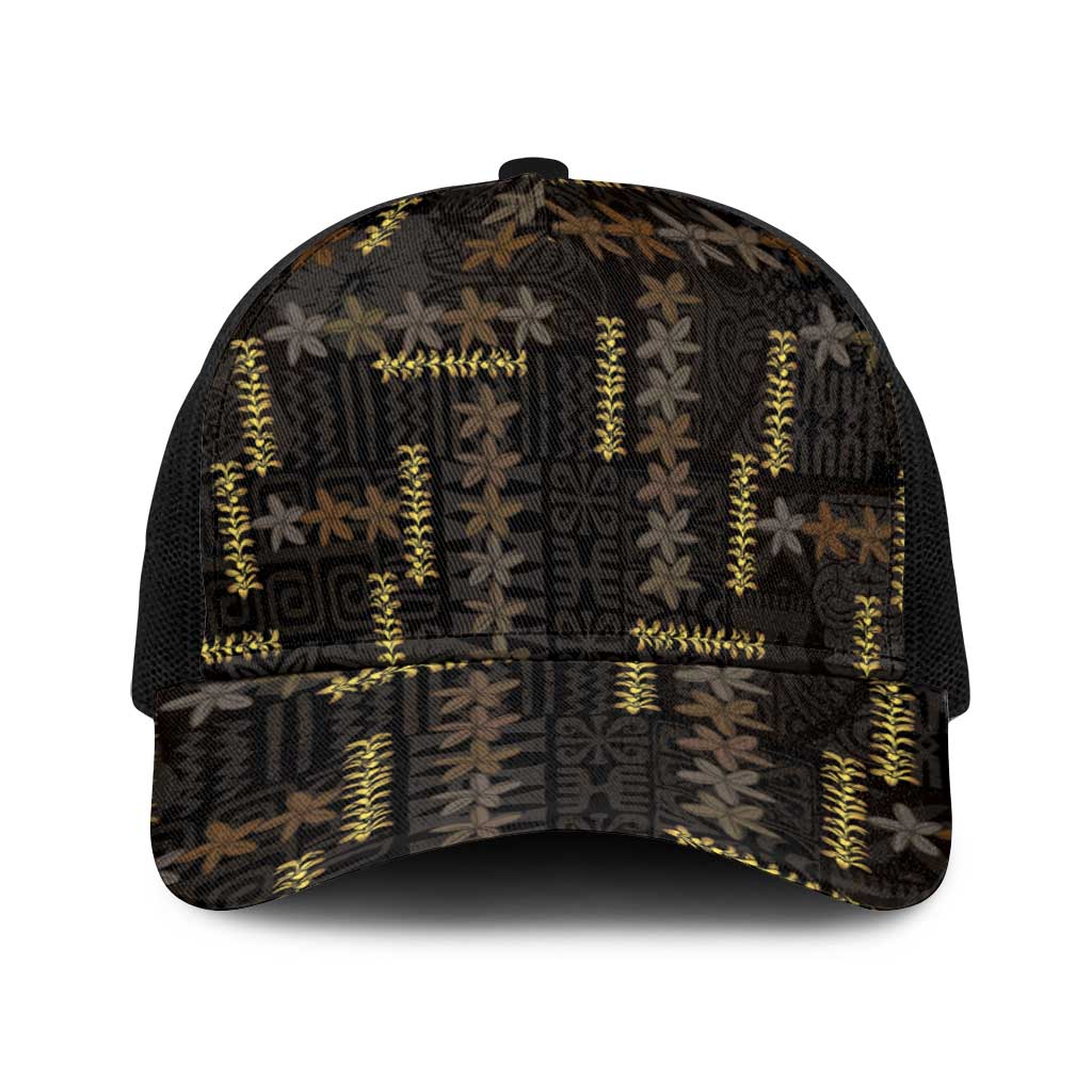 Hawaii Brown Plumeria Lei Black Baseball Net Cap Frangipani Floral Heritage Art