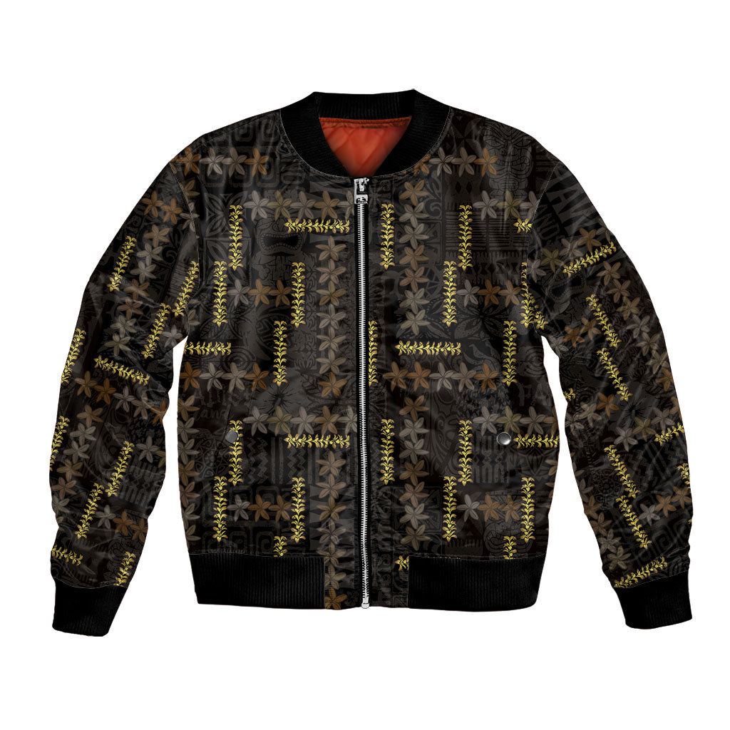 Hawaii Brown Plumeria Lei Black Bomber Jacket Frangipani Floral Heritage Art