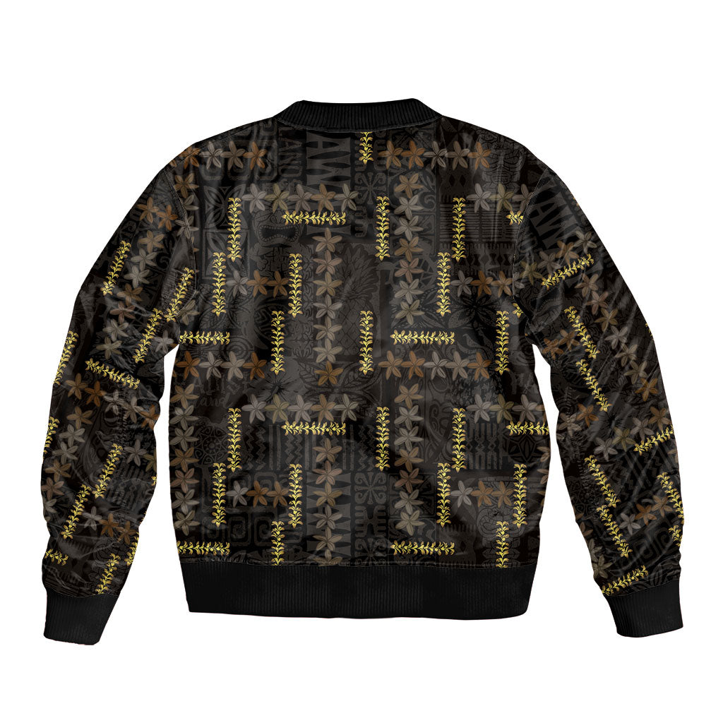 Hawaii Brown Plumeria Lei Black Bomber Jacket Frangipani Floral Heritage Art