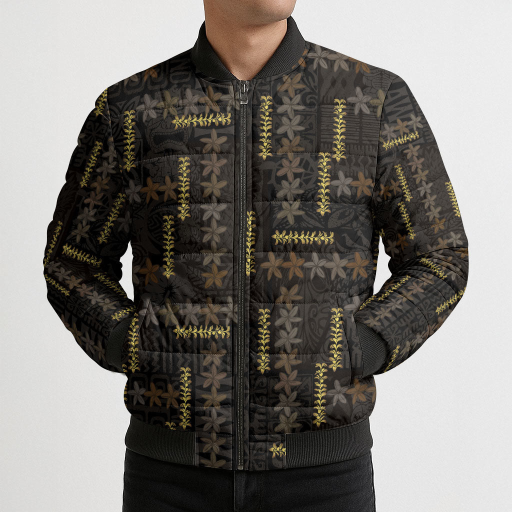 Hawaii Brown Plumeria Lei Black Bomber Puffer Jacket Frangipani Floral Heritage Art