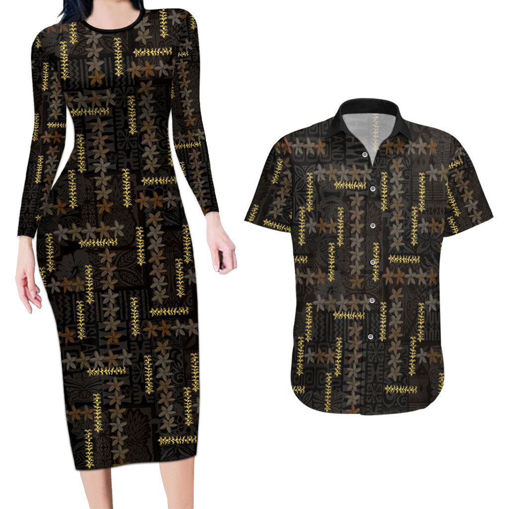 Hawaii Brown Plumeria Lei Black Couples Matching Long Sleeve Bodycon Dress and Hawaiian Shirt Frangipani Floral Heritage Art