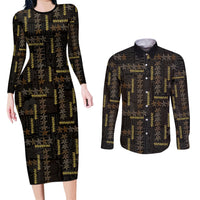 Hawaii Brown Plumeria Lei Black Couples Matching Long Sleeve Bodycon Dress and Long Sleeve Button Shirt Frangipani Floral Heritage Art