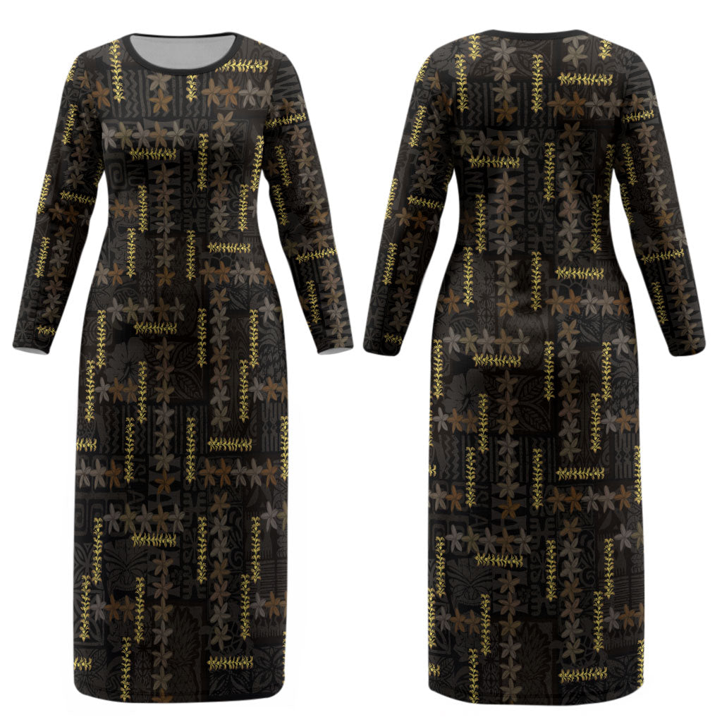 Hawaii Brown Plumeria Lei Black Couples Matching Long Sleeve Bodycon Dress and Long Sleeve Button Shirt Frangipani Floral Heritage Art LT01 - Polynesian Pride