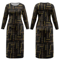 Hawaii Brown Plumeria Lei Black Couples Matching Long Sleeve Bodycon Dress and Long Sleeve Button Shirt Frangipani Floral Heritage Art LT01 - Polynesian Pride