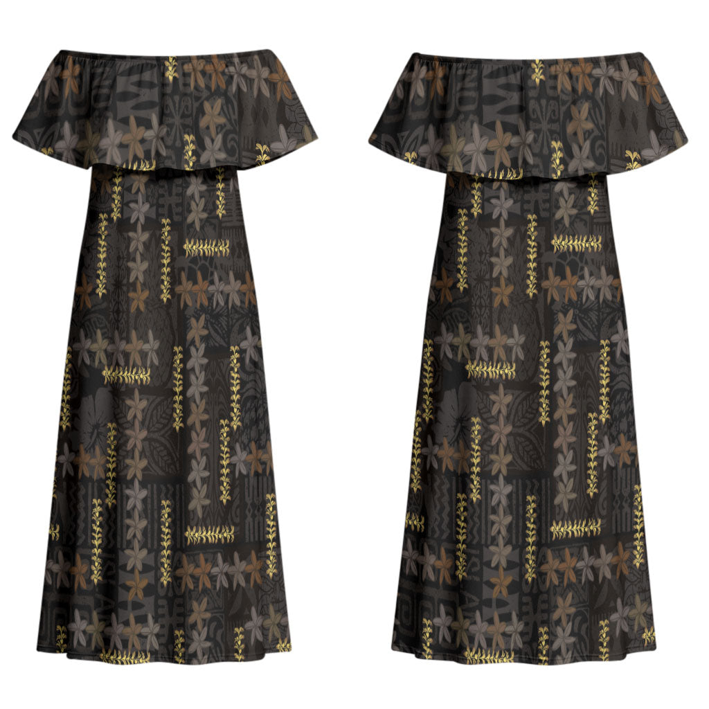 Hawaii Brown Plumeria Lei Black Couples Matching Off Shoulder Maxi Dress and Hawaiian Shirt Frangipani Floral Heritage Art LT01 - Polynesian Pride