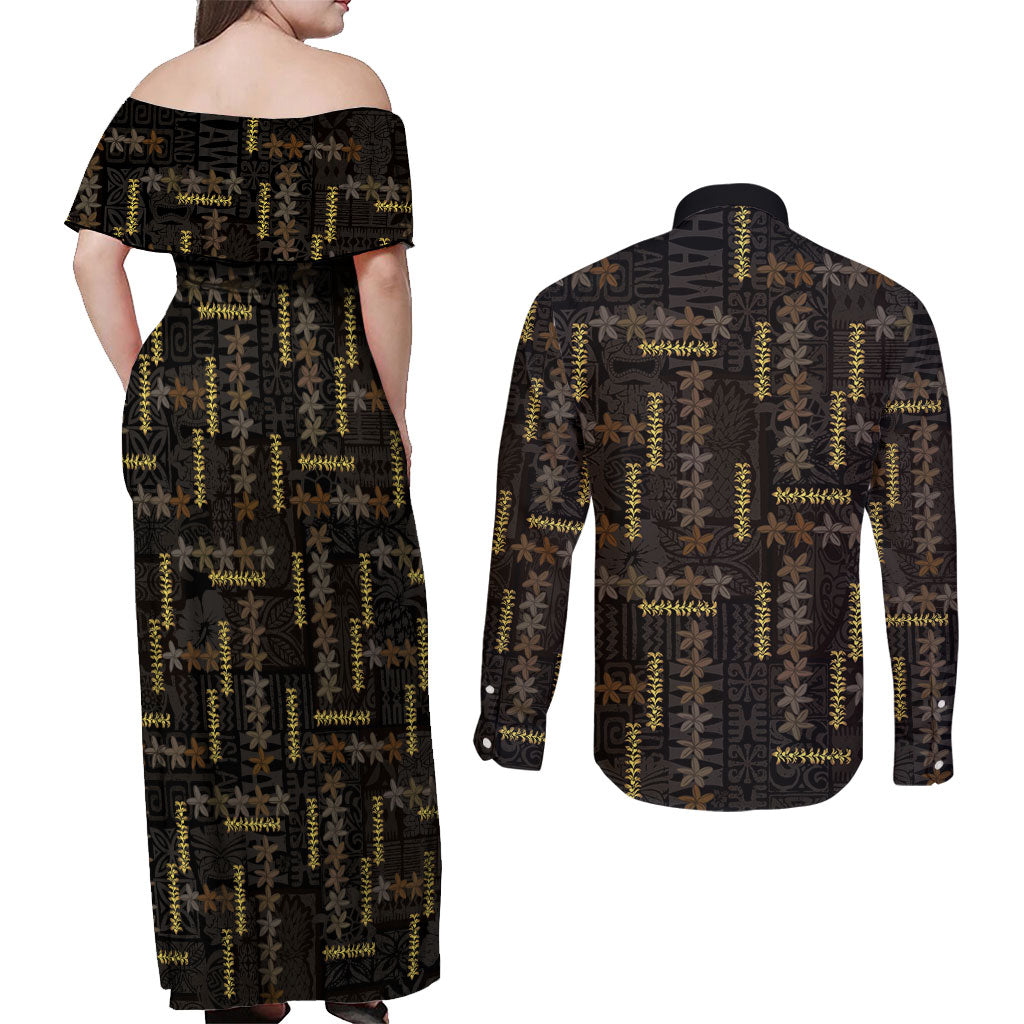 Hawaii Brown Plumeria Lei Black Couples Matching Off Shoulder Maxi Dress and Long Sleeve Button Shirt Frangipani Floral Heritage Art