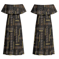 Hawaii Brown Plumeria Lei Black Couples Matching Off Shoulder Maxi Dress and Long Sleeve Button Shirt Frangipani Floral Heritage Art LT01 - Polynesian Pride