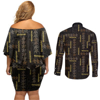 Hawaii Brown Plumeria Lei Black Couples Matching Off Shoulder Short Dress and Long Sleeve Button Shirt Frangipani Floral Heritage Art