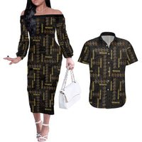 Hawaii Brown Plumeria Lei Black Couples Matching Off The Shoulder Long Sleeve Dress and Hawaiian Shirt Frangipani Floral Heritage Art