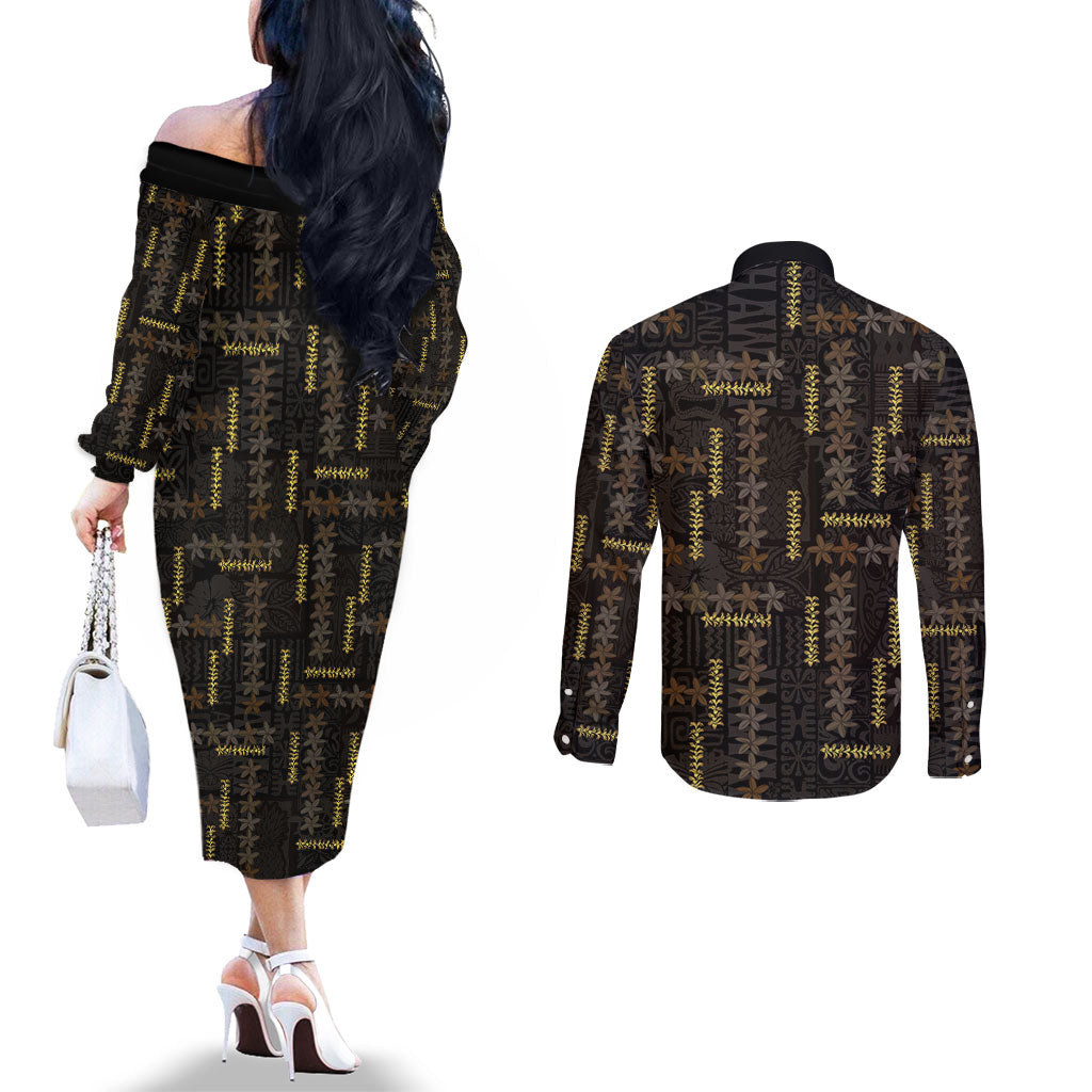 Hawaii Brown Plumeria Lei Black Couples Matching Off The Shoulder Long Sleeve Dress and Long Sleeve Button Shirt Frangipani Floral Heritage Art