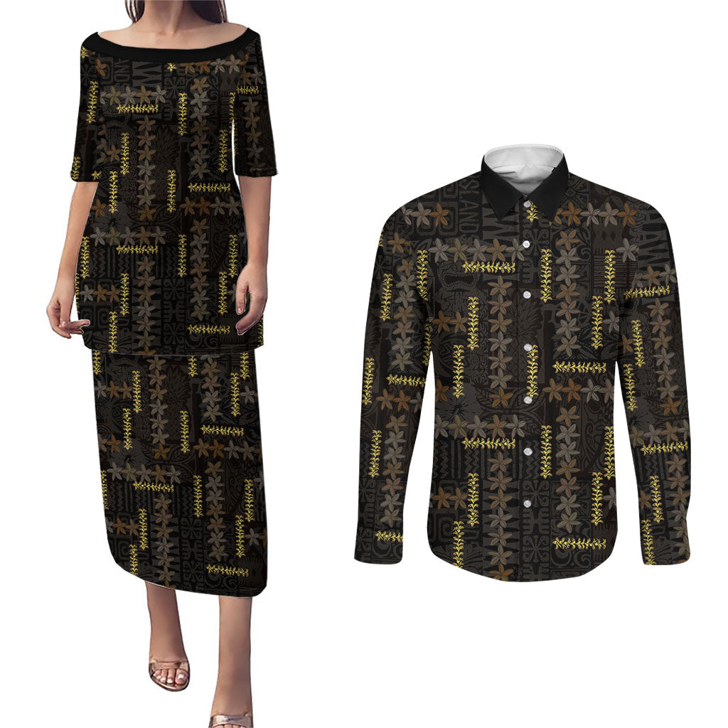 Hawaii Brown Plumeria Lei Black Couples Matching Puletasi and Long Sleeve Button Shirt Frangipani Floral Heritage Art