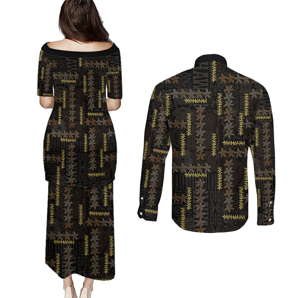 Hawaii Brown Plumeria Lei Black Couples Matching Puletasi and Long Sleeve Button Shirt Frangipani Floral Heritage Art
