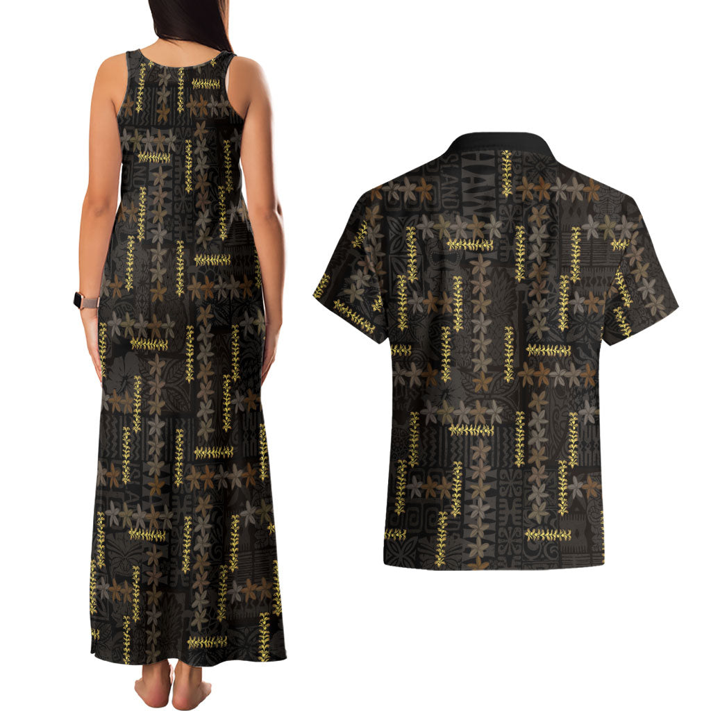 Hawaii Brown Plumeria Lei Black Couples Matching Tank Maxi Dress and Hawaiian Shirt Frangipani Floral Heritage Art