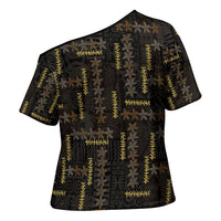 Hawaii Brown Plumeria Lei Black Cross Shoulder Shirt Frangipani Floral Heritage Art