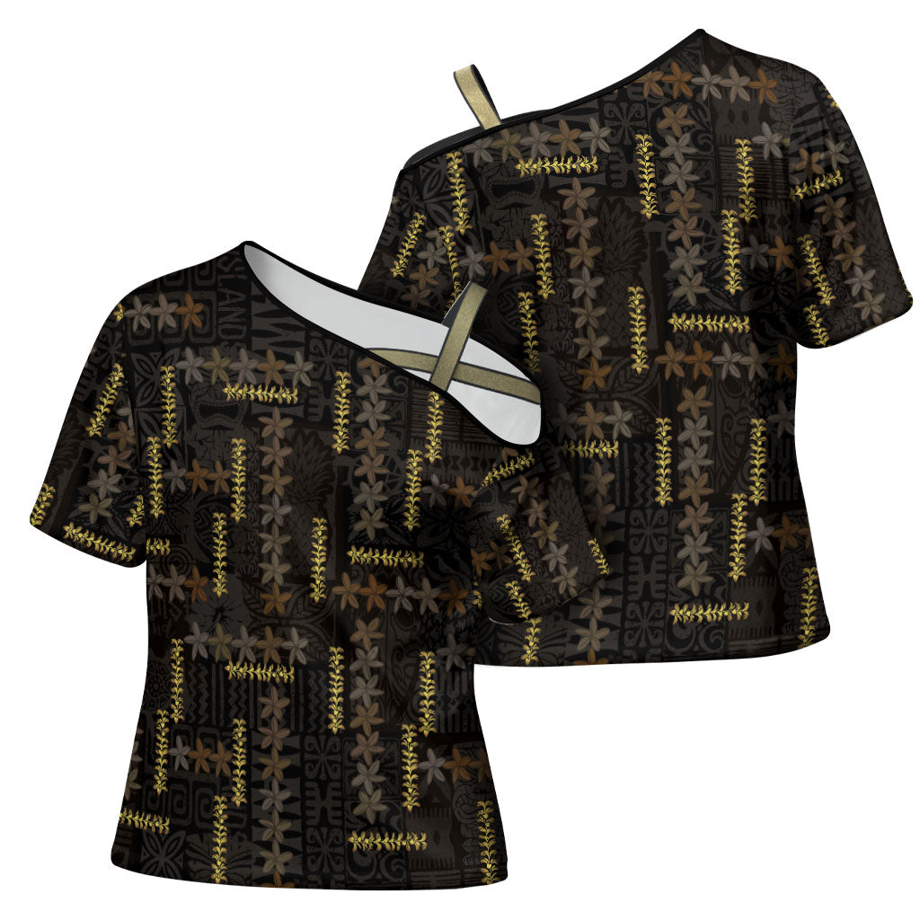 Hawaii Brown Plumeria Lei Black Cross Shoulder Shirt Frangipani Floral Heritage Art