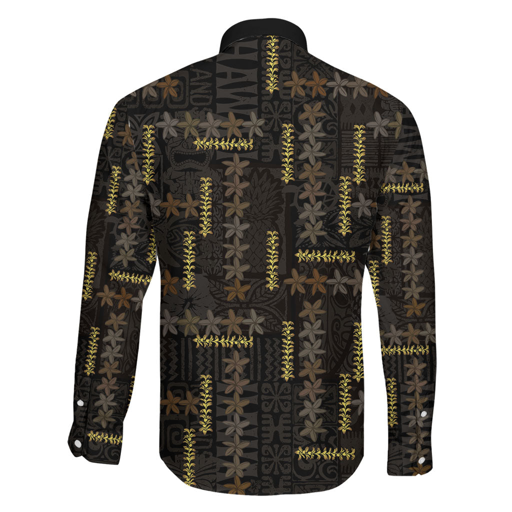 Hawaii Brown Plumeria Lei Black Family Matching Long Sleeve Bodycon Dress and Hawaiian Shirt Frangipani Floral Heritage Art