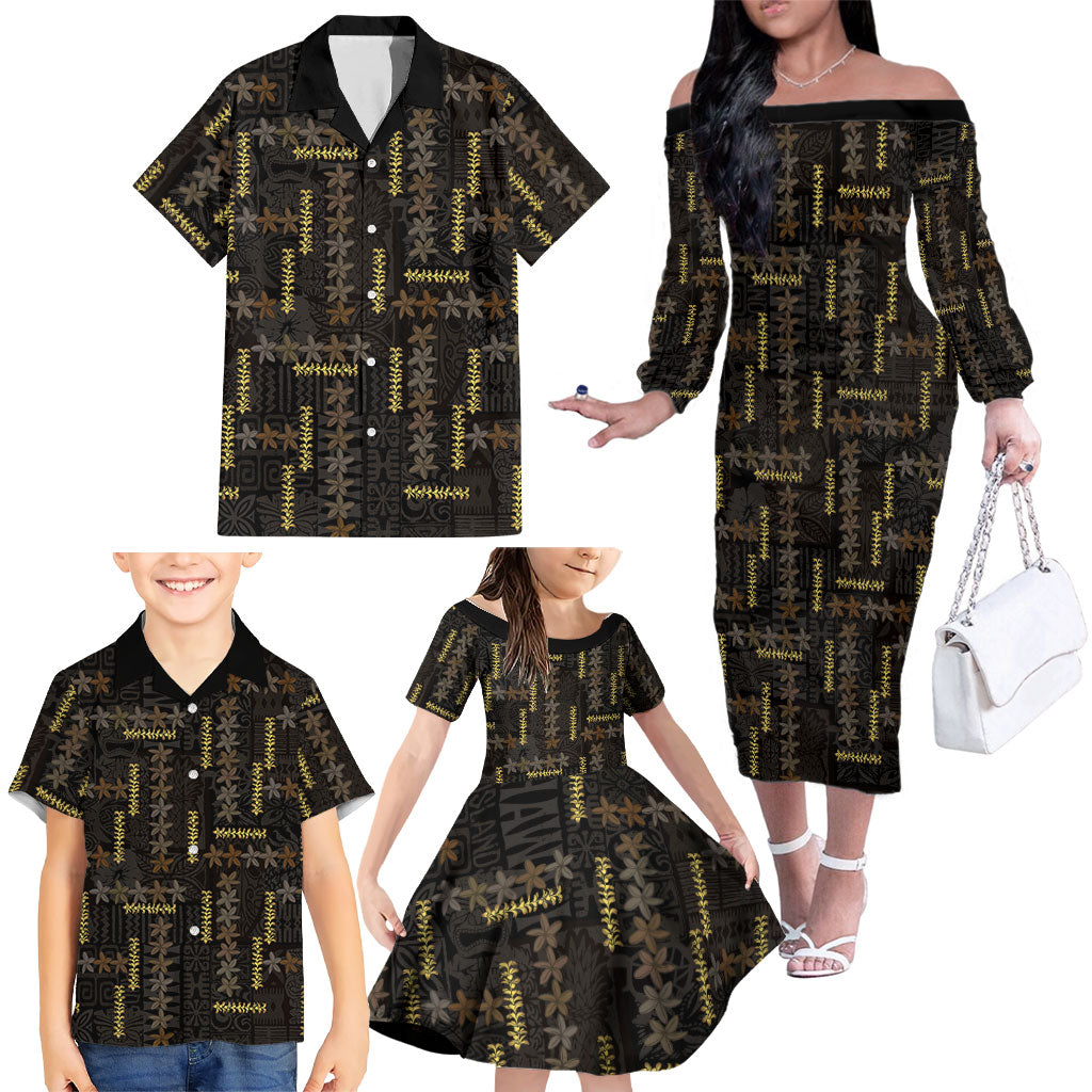 Hawaii Brown Plumeria Lei Black Family Matching Off The Shoulder Long Sleeve Dress and Hawaiian Shirt Frangipani Floral Heritage Art
