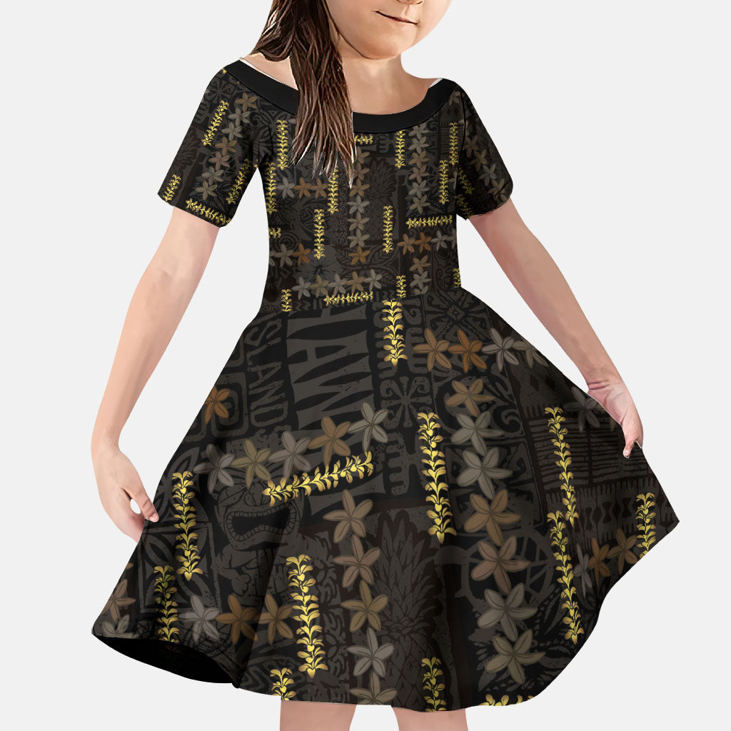 Hawaii Brown Plumeria Lei Black Family Matching Off Shoulder Maxi Dress and Hawaiian Shirt Frangipani Floral Heritage Art
