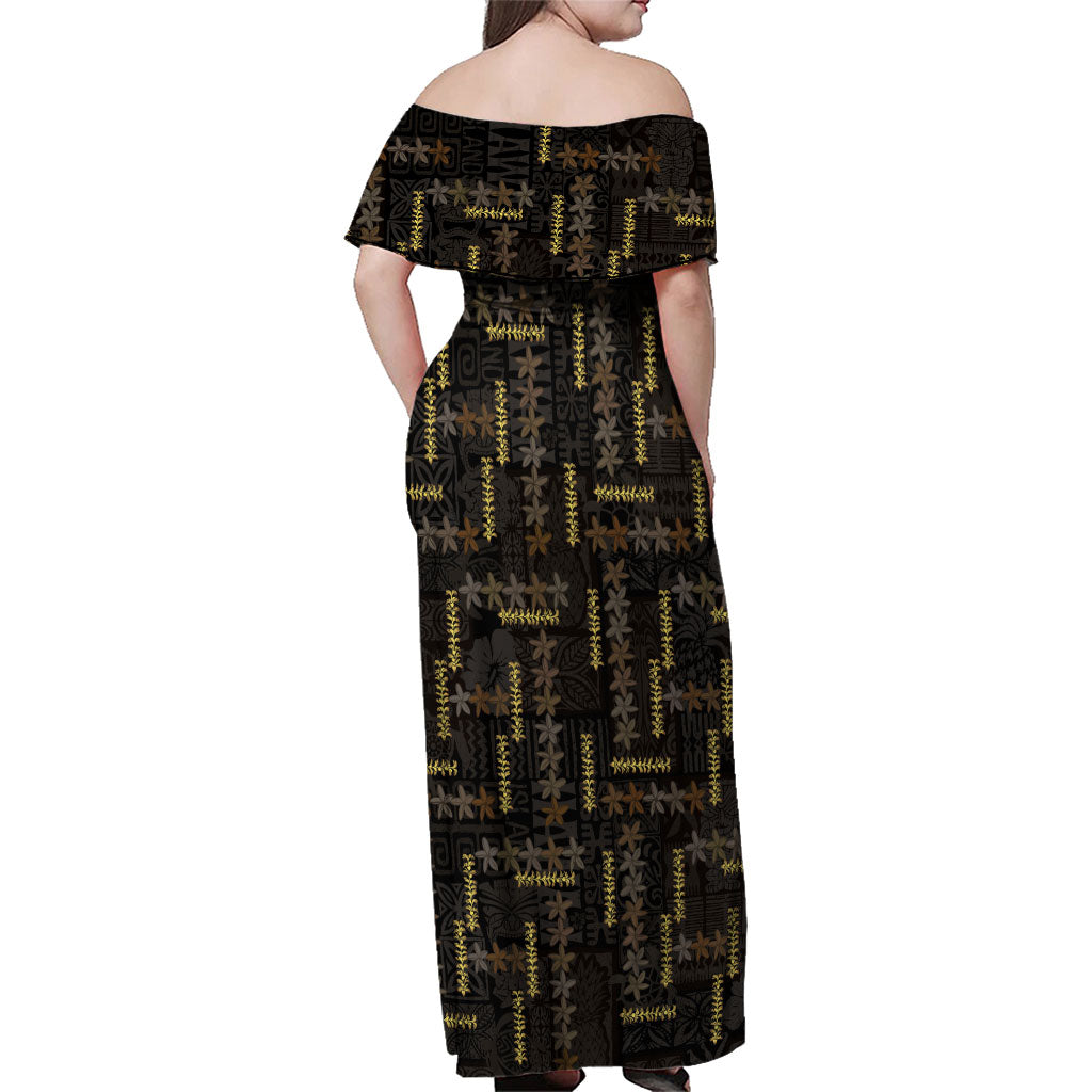 Hawaii Brown Plumeria Lei Black Family Matching Off Shoulder Maxi Dress and Hawaiian Shirt Frangipani Floral Heritage Art