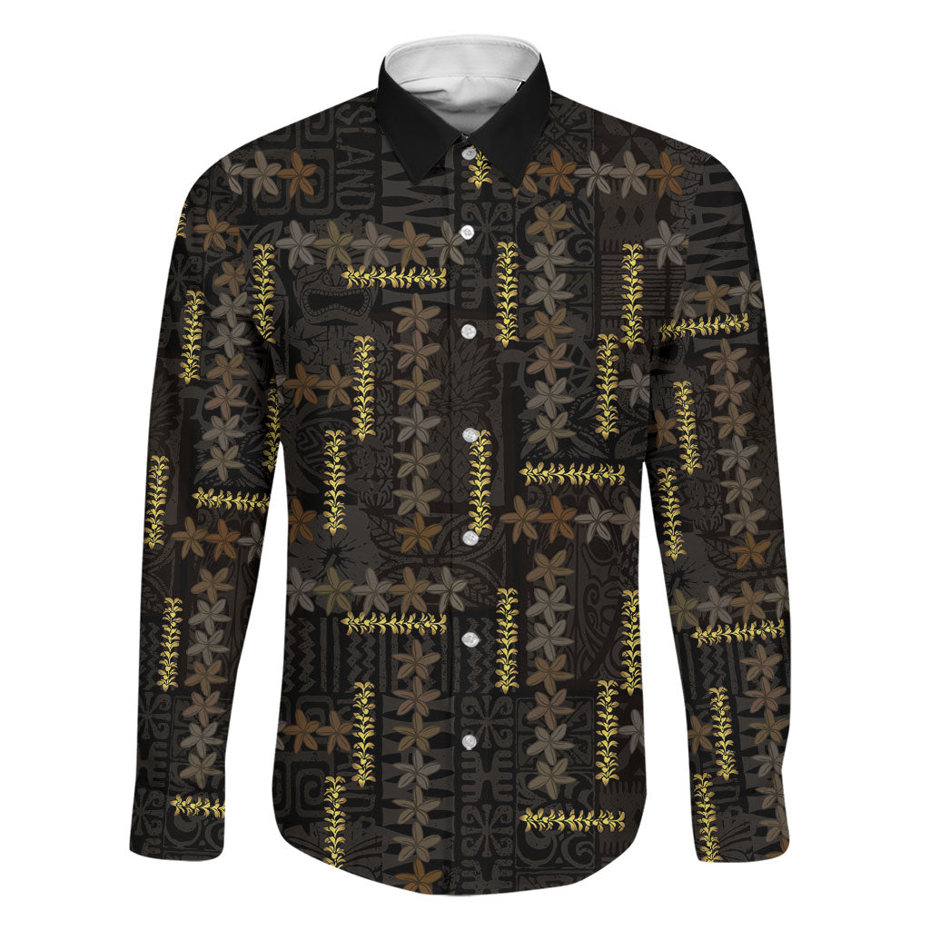 Hawaii Brown Plumeria Lei Black Family Matching Off Shoulder Short Dress and Hawaiian Shirt Frangipani Floral Heritage Art