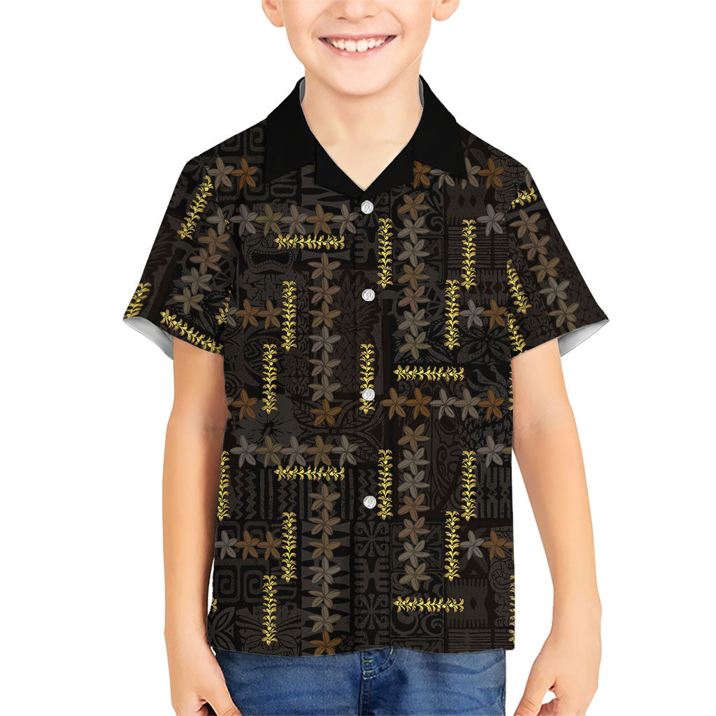 Hawaii Brown Plumeria Lei Black Family Matching Off Shoulder Short Dress and Hawaiian Shirt Frangipani Floral Heritage Art