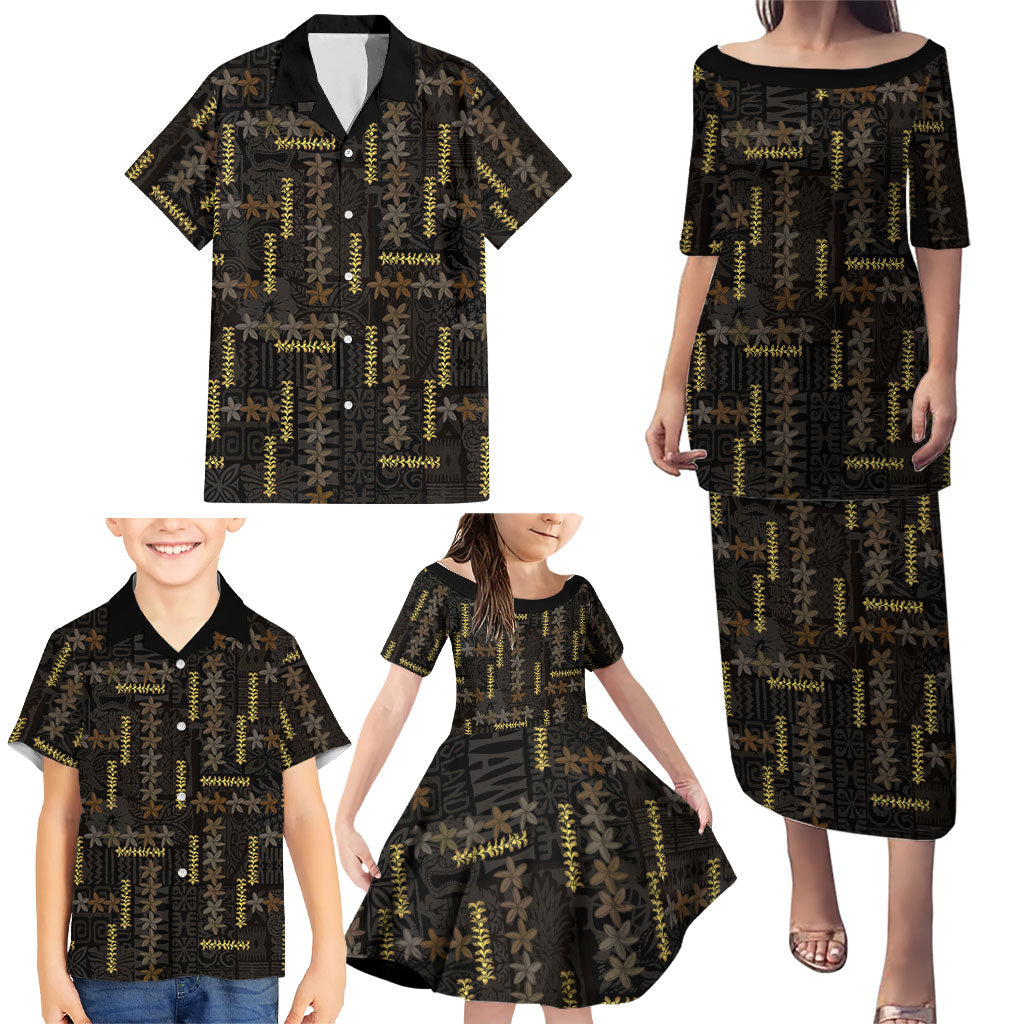 Hawaii Brown Plumeria Lei Black Family Matching Puletasi and Hawaiian Shirt Frangipani Floral Heritage Art