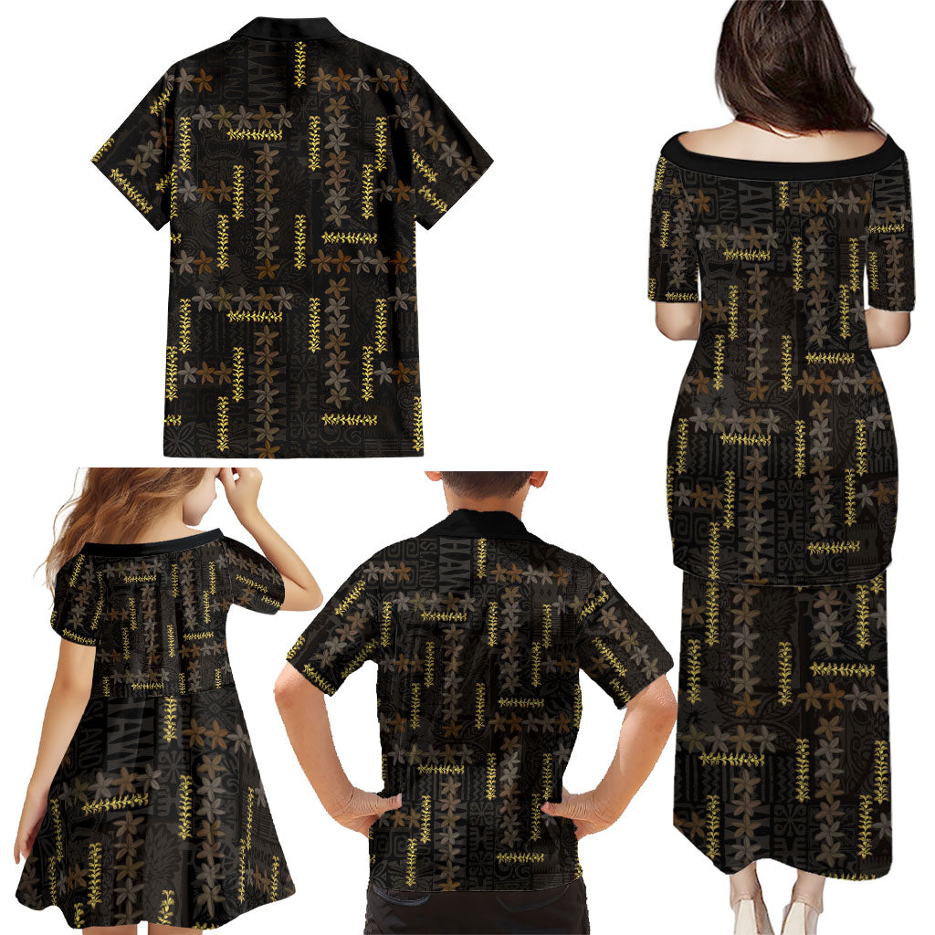 Hawaii Brown Plumeria Lei Black Family Matching Puletasi and Hawaiian Shirt Frangipani Floral Heritage Art