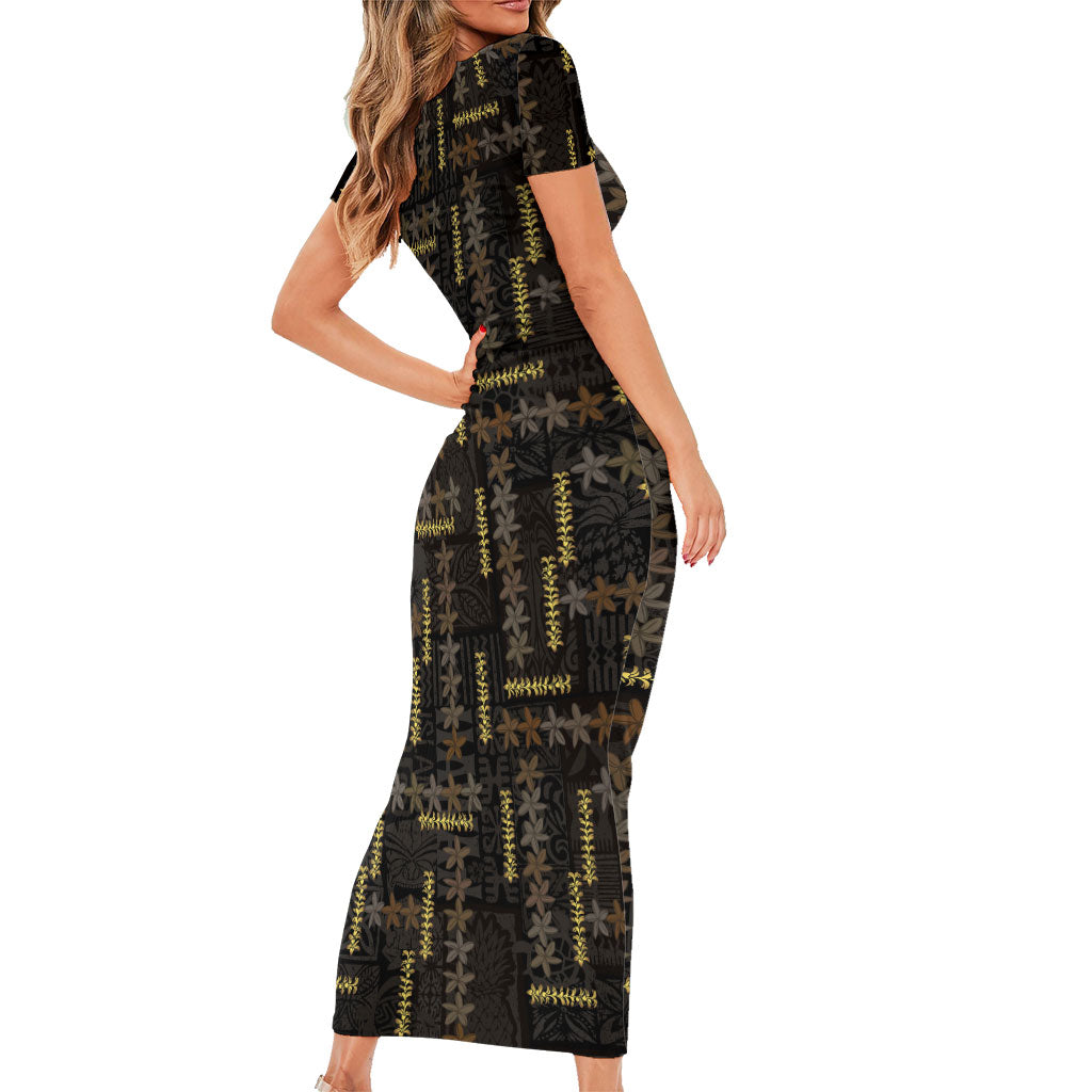 Hawaii Brown Plumeria Lei Black Family Matching Short Sleeve Bodycon Dress and Hawaiian Shirt Frangipani Floral Heritage Art