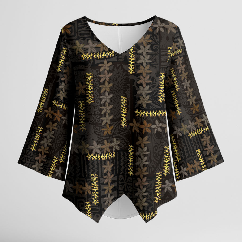Hawaii Brown Plumeria Lei Black Kimono Sleeve Blouse Frangipani Floral Heritage Art LT01 Female Black - Polynesian Pride