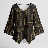 Hawaii Brown Plumeria Lei Black Kimono Sleeve Blouse Frangipani Floral Heritage Art LT01 Female Black - Polynesian Pride