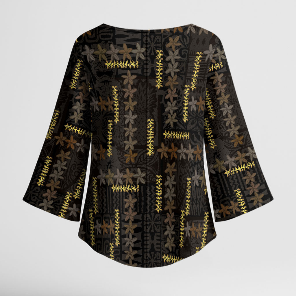 Hawaii Brown Plumeria Lei Black Kimono Sleeve Blouse Frangipani Floral Heritage Art LT01 - Polynesian Pride