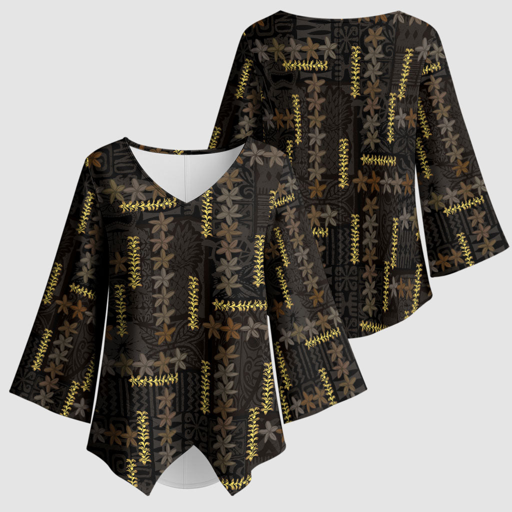 Hawaii Brown Plumeria Lei Black Kimono Sleeve Blouse Frangipani Floral Heritage Art LT01 - Polynesian Pride