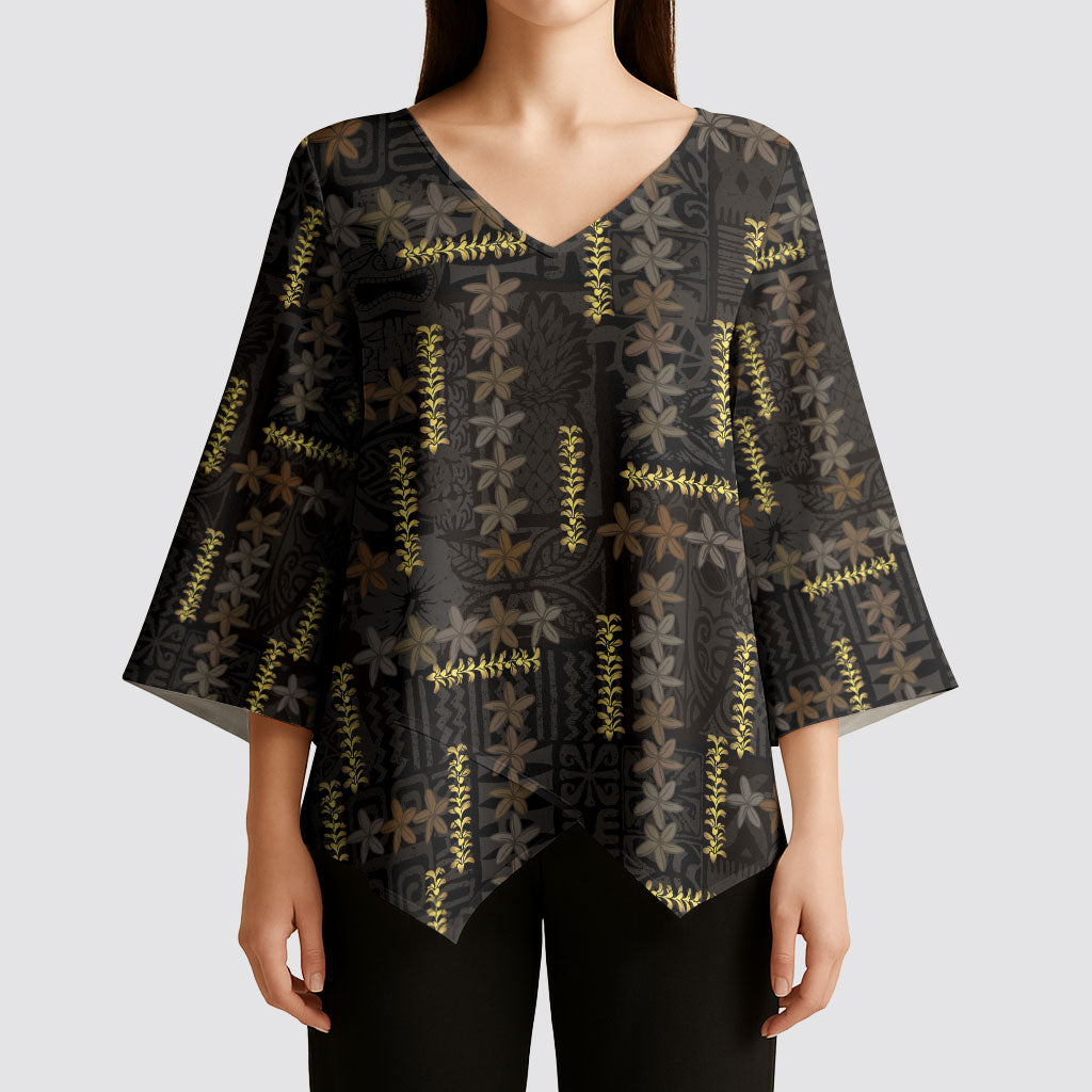 Hawaii Brown Plumeria Lei Black Kimono Sleeve Blouse Frangipani Floral Heritage Art LT01 - Polynesian Pride