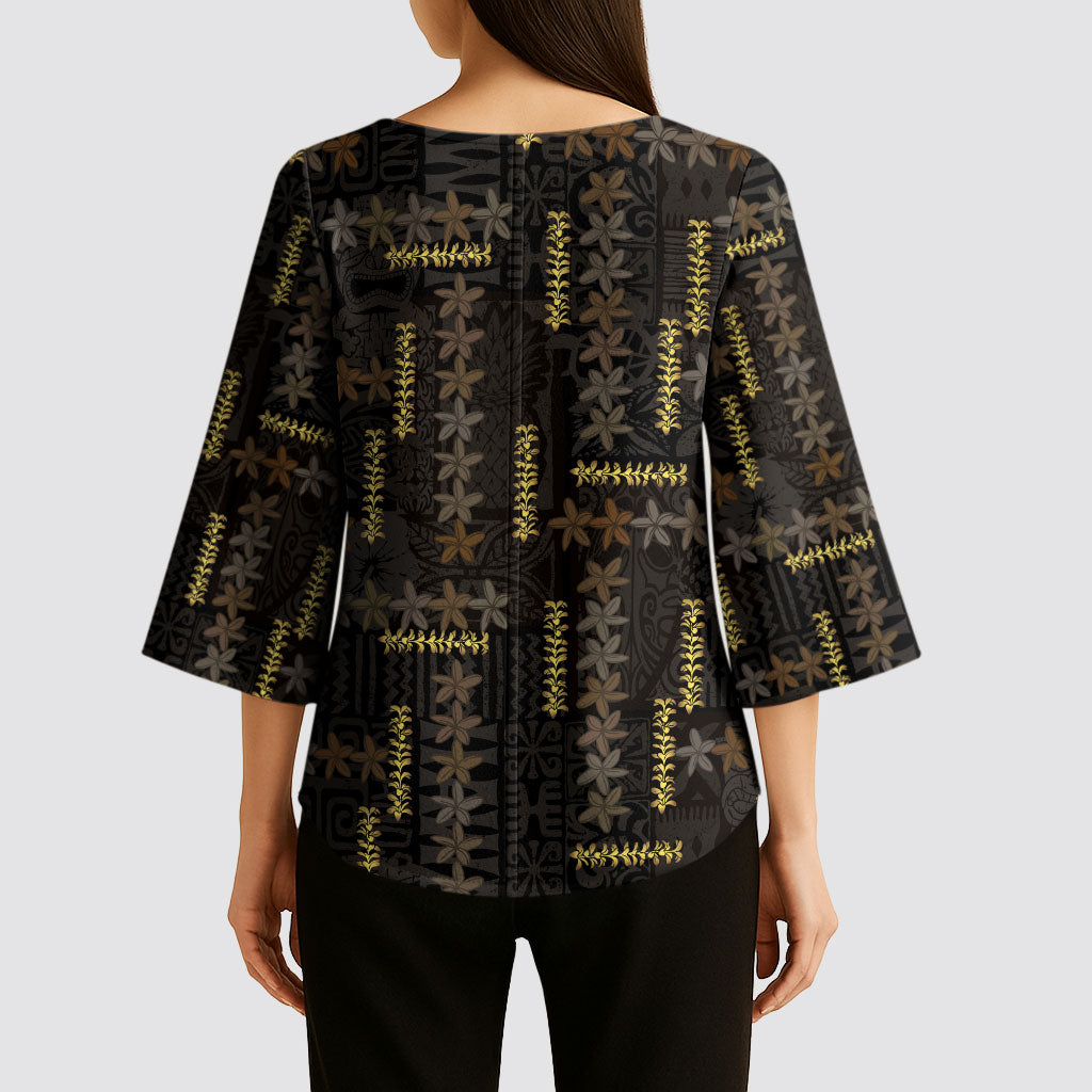 Hawaii Brown Plumeria Lei Black Kimono Sleeve Blouse Frangipani Floral Heritage Art LT01 - Polynesian Pride